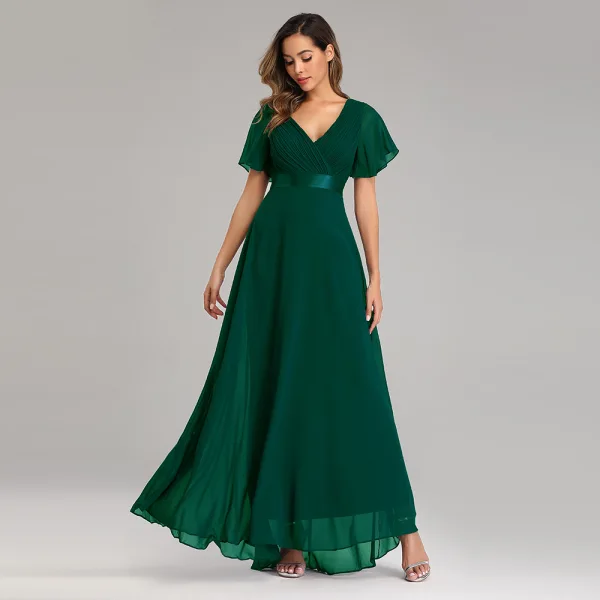 Modest / Simple Black Bridesmaid Dresses 2023 A-Line / Princess V-Neck Short Sleeve Backless Sash Floor-Length / Long Bridesmaid Dresses