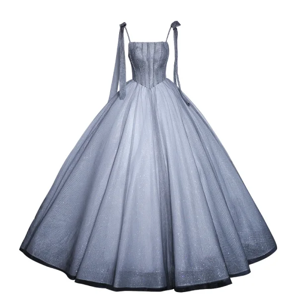 Chic / Beautiful Grey Pearl Prom Dresses 2023 Ball Gown Spaghetti Straps Sleeveless Backless Floor-Length / Long Prom Formal Dresses