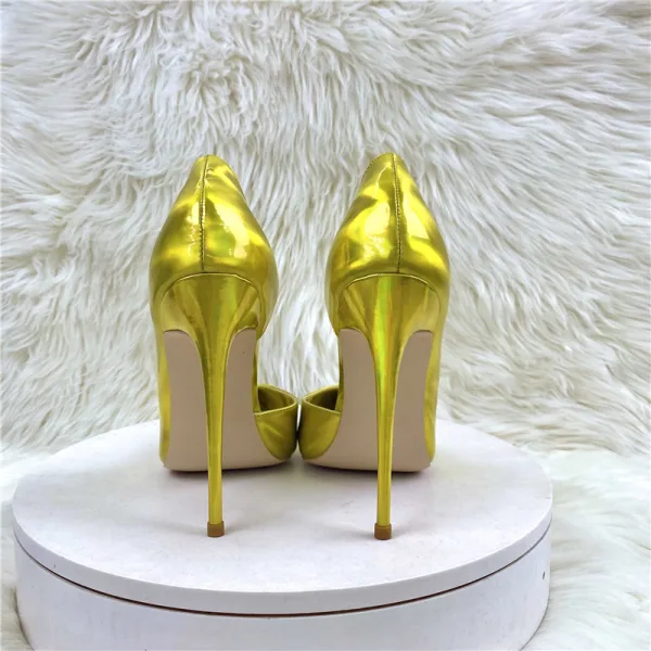 Chic / Beautiful Gold Cocktail Party Patent Leather Pumps 2023 12 cm Stiletto Heels Pointed Toe Pumps High Heels