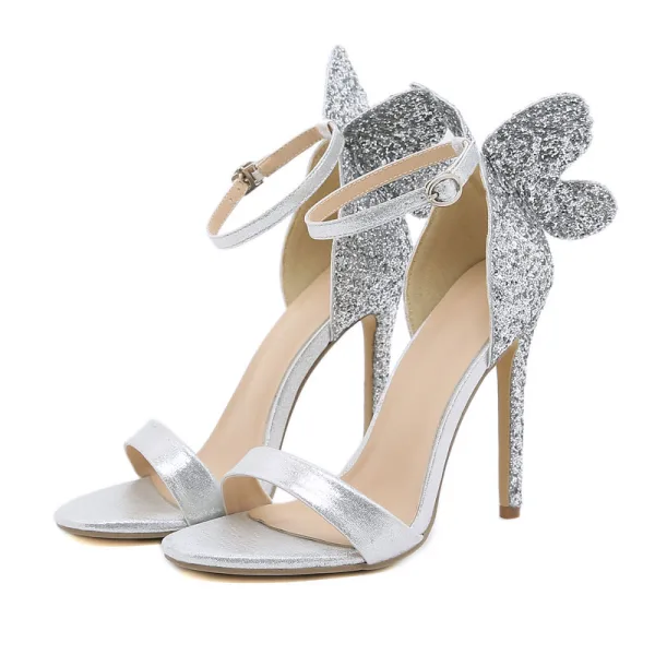 Glitzernden Silber Pailletten Schmetterling Sandalen Damen 2022 Cocktail Abend 11 cm Stilettos Knöchelriemen Peeptoes Sandaletten Hochhackige