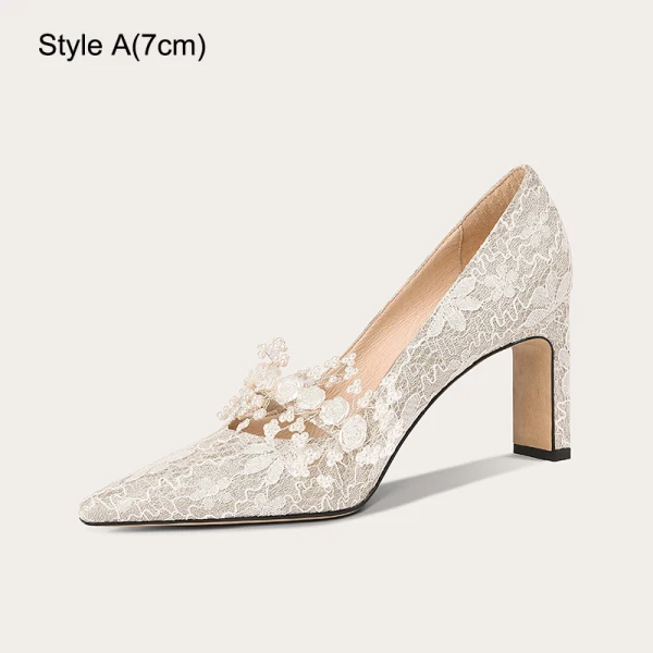 Schöne Beige Perle Pailletten Spitze Blumen Brautschuhe 2023 Leder 7 cm Stilettos Spitzschuh Hochzeit Pumps Hochhackige