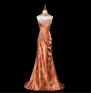 Sexy Doré Impression Robe De Soirée 2025 Trompette Sirène Bustier Sans Manches Dos Nu Train De Balayage Robe De Ceremonie