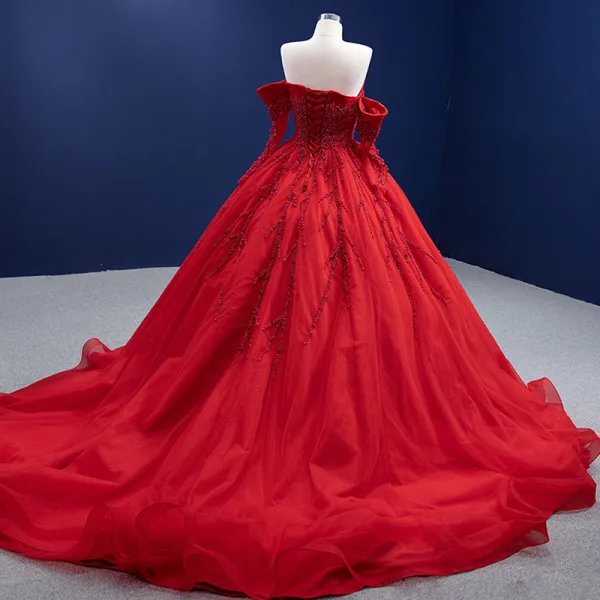 High-end Red Beading Pearl Prom Dresses 2022 Ball Gown Off-The-Shoulder 1/2 Sleeves Backless Chapel Train