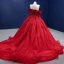 High-end Red Beading Pearl Prom Dresses 2022 Ball Gown Off-The-Shoulder 1/2 Sleeves Backless Chapel Train
