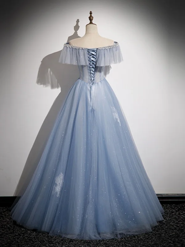 Charming Sky Blue Sequins Prom Dresses 2023 A-Line / Princess Pearl Rhinestone Off-The-Shoulder Sleeveless Backless Floor-Length / Long Prom Formal Dresses