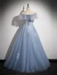 Charming Sky Blue Sequins Prom Dresses 2023 A-Line / Princess Pearl Rhinestone Off-The-Shoulder Sleeveless Backless Floor-Length / Long Prom Formal Dresses
