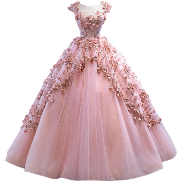 Fabulous Candy Pink Handmade  Beading Appliques Prom Dresses 2022 Ball Gown Scoop Neck Sequins Sleeveless Backless Floor-Length / Long Prom Formal Dresses