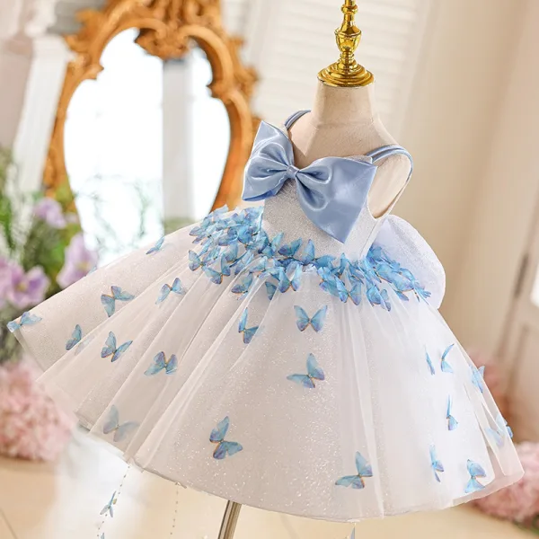 Fashion White Butterfly Appliques Birthday Short Flower Girl Dresses 2025 Ball Gown Spaghetti Straps Sleeveless Backless Bow Tulle