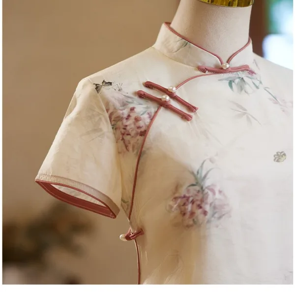 Chinese style Beige Printing Floor-Length / Long Cheongsam 2024 Trumpet / Mermaid High Neck Short Sleeve