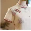 Chinese style Beige Printing Floor-Length / Long Cheongsam 2024 Trumpet / Mermaid High Neck Short Sleeve