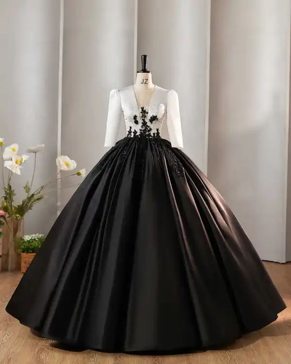 Vintage / Retro Red Sequins Lace Flower Satin Prom Dresses 2024 Ball Gown Scoop Neck 3/4 Sleeve Backless Floor-Length / Long Prom Formal Dresses