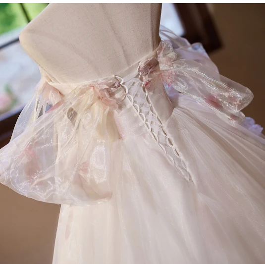 Flower Fairy White Beading Appliques Rhinestone Light Wedding Dresses Prom Dresses 2024 Ball Gown Off-The-Shoulder Short Sleeve Backless Floor-Length / Long Wedding