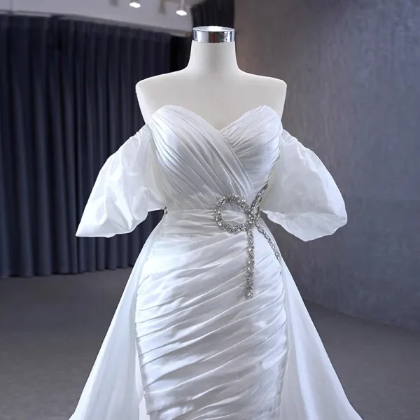 Sexy High-end White Evening Dresses 2023 A-Line / Princess Off-The-Shoulder Short Sleeve Rhinestone Bow Backless Court Train Evening Party Formal Dresses
