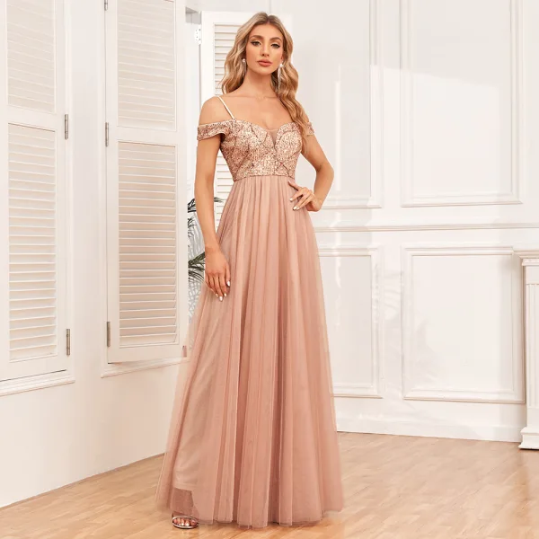 Chic / Belle Doré Paillettes Robe De Soirée 2024 Princesse Bretelles Spaghetti Sans Manches Dos Nu Longue Promo Robe De Ceremonie