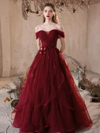 Chic Belle Bordeaux Appliques Paillettes Volants En Cascade Robe De Bal 2025 Princesse De L Épaule Manches Courtes Dos Nu Longue Robe De Ceremonie