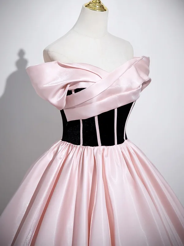 Chic / Beautiful Blushing Pink Prom Dresses 2025 Ball Gown Off-The-Shoulder Short Sleeve Backless Floor-Length / Long Prom Formal Dresses