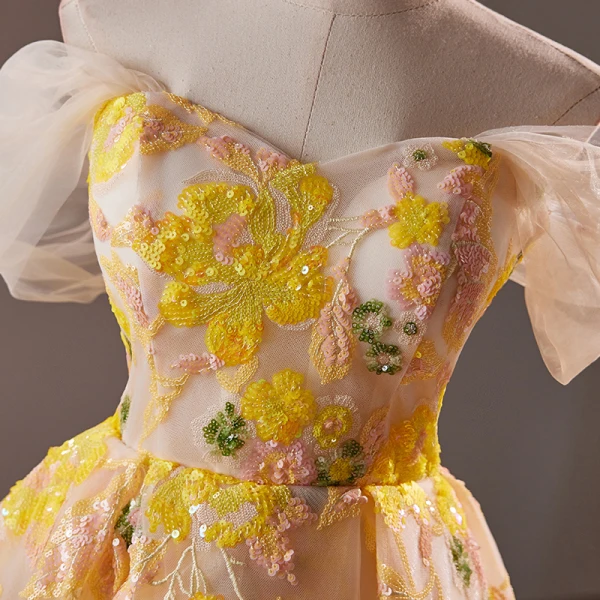Vintage / Retro Gold Beading Sequins Lace Flower Homecoming Short Graduation Dresses 2024 Off-The-Shoulder Short Sleeve Backless Formal Dresses