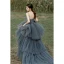 Classic Grey Cascading Ruffles Lace Flower Prom Dresses 2022 A-Line / Princess Spaghetti Straps Sleeveless Backless Sweep Train Prom Formal Dresses