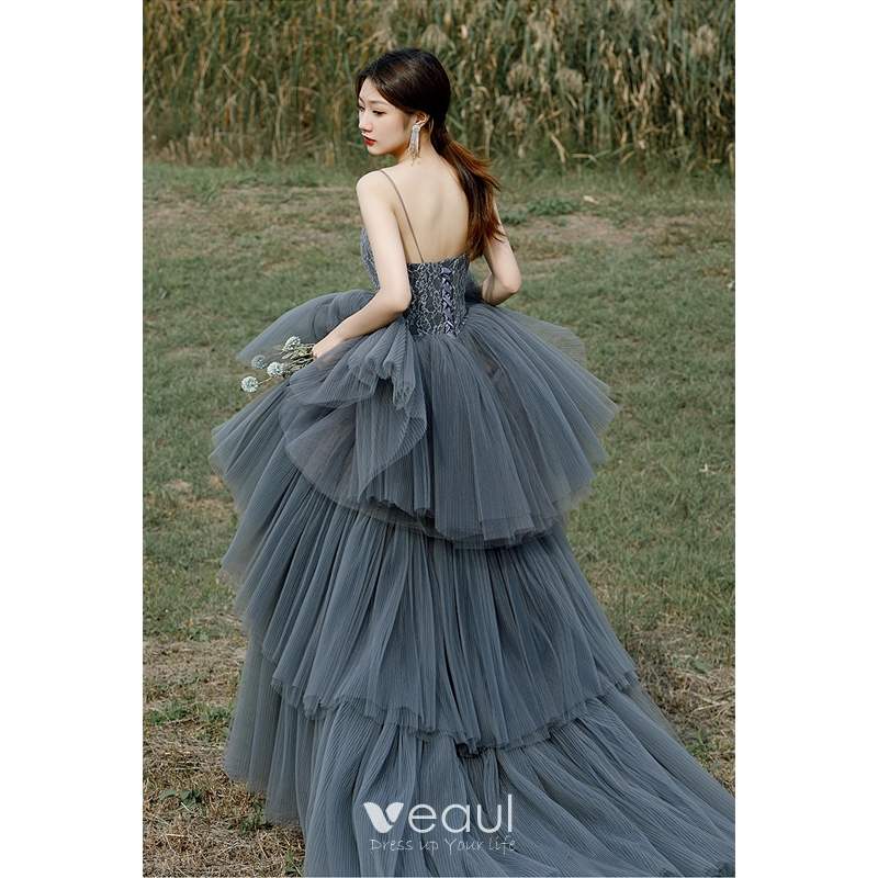 strapless open back dress Mermaid Grey Tulle Appliques Spaghetti Straps Long Evening Prom Dresse –  MarryLover