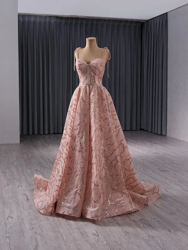 Haut de Gamme Rougissant Rose Fait main Perlage Paillettes Robe De Bal 2024 Princesse Bretelles Spaghetti Sans Manches Dos Nu Train De Balayage Promo Robe De Ceremonie