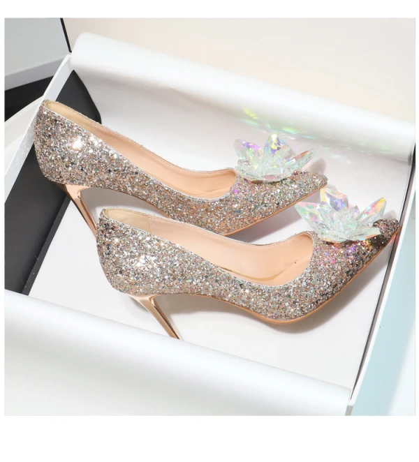 Glitzernden Sexy Silber Kristall Pailletten Brautschuhe 2024 9 cm Stilettos Spitzschuh Hochzeit Pumps Hochhackige