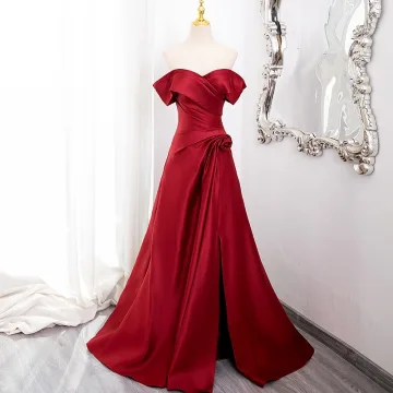 Chic Belle Bordeaux Fendue Devant Satin Robe De Bal 2024 Princesse De L Épaule Sans Manches Dos Nu Longue Promo Robe De Ceremonie
