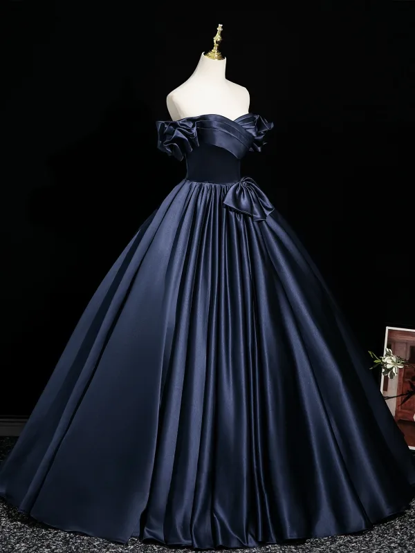 Vintage / Retro Navy Blue Bow Satin Prom Dresses 2025 Ball Gown Off-The-Shoulder Short Sleeve Backless Floor-Length / Long Formal Dresses