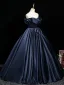 Vintage / Retro Navy Blue Bow Satin Prom Dresses 2025 Ball Gown Off-The-Shoulder Short Sleeve Backless Floor-Length / Long Formal Dresses