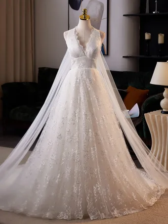 Vintage Originale Blanche En Dentelle Fleur Train De Balayage Robe De Mariée Robe Boule 2025 V Cou Sans Manches Dos Nu