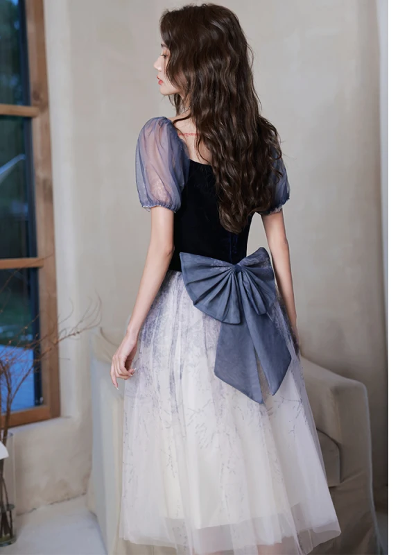 Chic / Beautiful Navy Blue Prom Dresses 2022 A-Line / Princess Pearl Square Neckline Short Sleeve Backless Bow Floor-Length / Long Formal Dresses