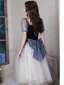 Chic / Beautiful Navy Blue Prom Dresses 2022 A-Line / Princess Pearl Square Neckline Short Sleeve Backless Bow Floor-Length / Long Formal Dresses