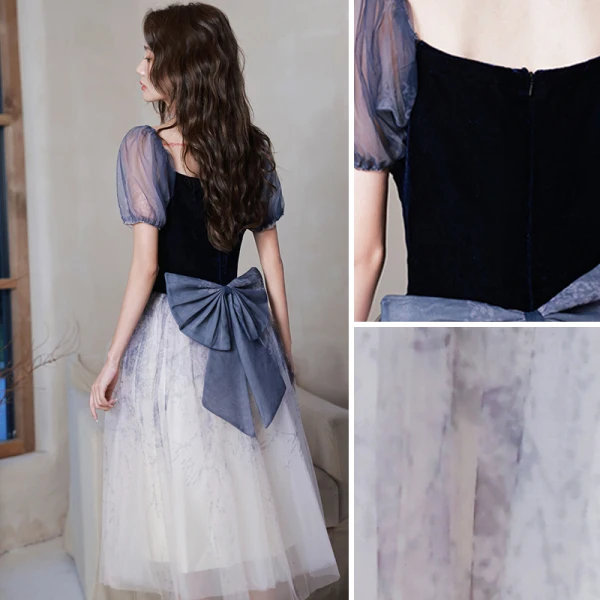 Chic / Belle Océan Bleu Robe De Bal 2022 Princesse Faux Diamant Encolure Carrée Manches Courtes Dos Nu Noeud Mi-Longues Robe De Ceremonie
