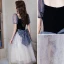 Chic / Belle Océan Bleu Robe De Bal 2022 Princesse Faux Diamant Encolure Carrée Manches Courtes Dos Nu Noeud Mi-Longues Robe De Ceremonie