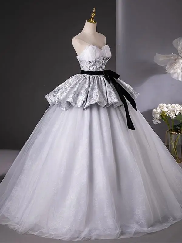 Elegant Grey Bow Sash Printing Prom Dresses 2025 Ball Gown Strapless Sleeveless Backless Floor-Length / Long Prom Formal Dresses