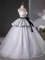 Elegant Grey Bow Sash Printing Prom Dresses 2025 Ball Gown Strapless Sleeveless Backless Floor-Length / Long Prom Formal Dresses