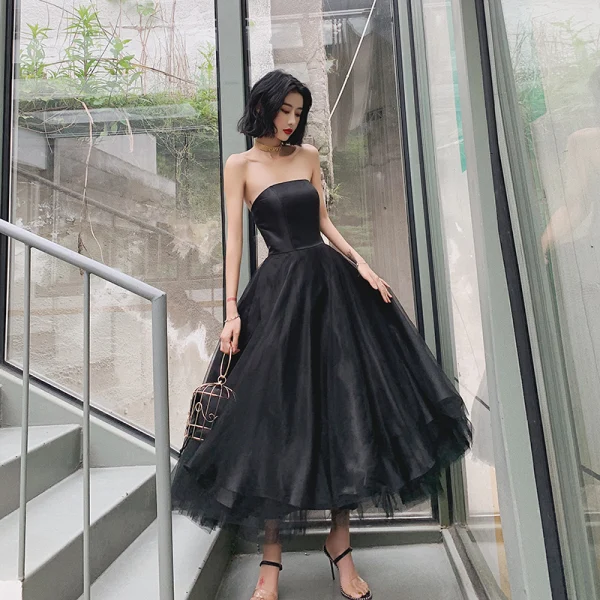 Chic / Beautiful Black Prom Dresses 2022 A-Line / Princess Strapless  Sleeveless Backless Floor-Length / Long Prom Formal Dresses