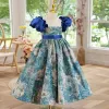 Vintage / Retro Royal Blue Birthday Embroidered Flower Girl Dresses 2022 A-Line / Princess Scoop Neck Puffy Short Sleeve Sash Floor-Length / Long Flower Girl Dresses