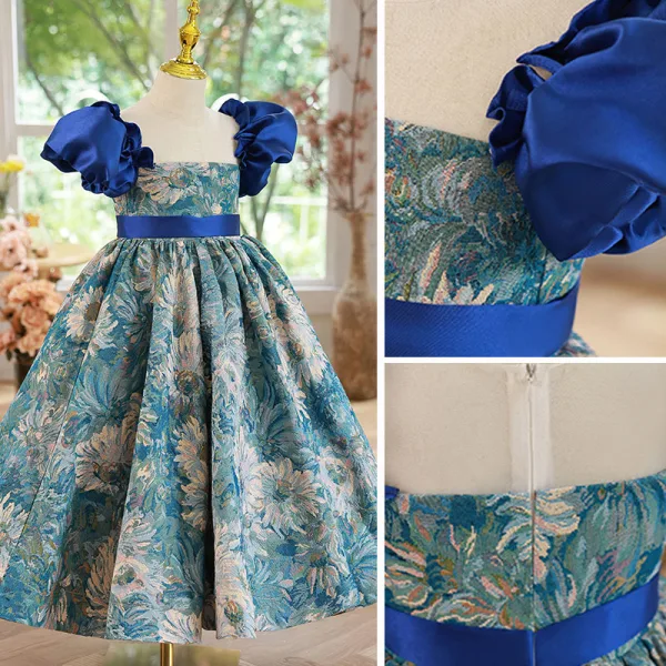 Vintage / Retro Royal Blue Birthday Embroidered Flower Girl Dresses 2022 A-Line / Princess Scoop Neck Puffy Short Sleeve Sash Floor-Length / Long Flower Girl Dresses