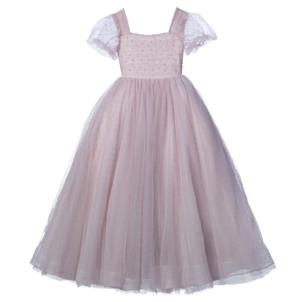 Chic / Beautiful Purple Pearl Prom Flower Girl Dresses 2022 Ball Gown Square Neckline Short Sleeve Backless Floor-Length / Long