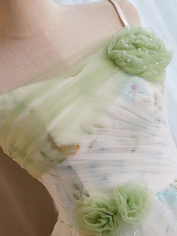 Chic / Belle Vert Cendré Appliques de retour Robe De Graduation 2025 Princesse Bretelles Spaghetti Sans Manches Dos Nu Courte Tulle