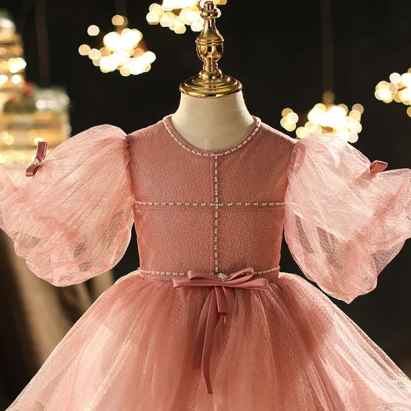 Chic / Beautiful Pearl Pink Beading Pearl Sequins Birthday Flower Girl Dresses 2022 Ball Gown Scoop Neck Puffy Short Sleeve Floor-Length / Long Flower Girl Dresses