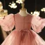 Chic / Beautiful Pearl Pink Beading Pearl Sequins Birthday Flower Girl Dresses 2022 Ball Gown Scoop Neck Puffy Short Sleeve Floor-Length / Long Flower Girl Dresses