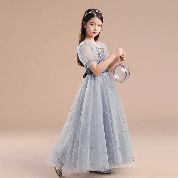 Sparkly Grey Star Sequins Prom Flower Girl Dresses 2022 A-Line / Princess Scoop Neck Short Sleeve Sash Bow Floor-Length / Long Flower Girl Dresses