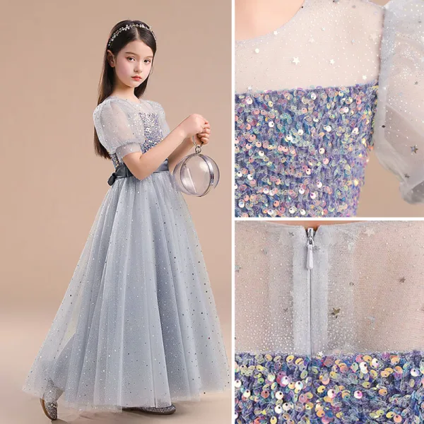 Sparkly Grey Star Sequins Prom Flower Girl Dresses 2022 A-Line / Princess Scoop Neck Short Sleeve Sash Bow Floor-Length / Long Flower Girl Dresses