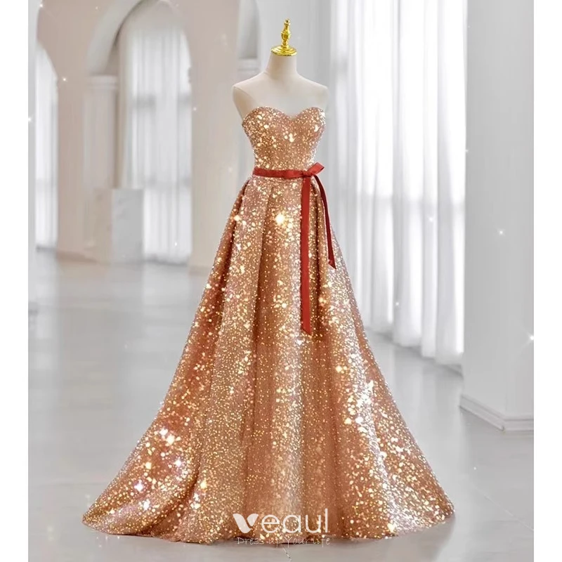 Stunning Gold Bridal Wedding Dresses 2020 Ball Gown See-through Scoop Neck  Long Sleeve Backless Appliques Lace Handmade Beading Glitter Tulle Royal  Train Ruffle