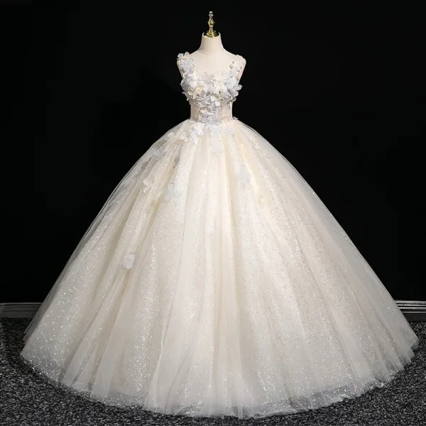 Chic / Beautiful Champagne Beading Sequins Appliques Prom Dresses 2025 Ball Gown Square Neckline Sleeveless Backless Floor-Length / Long Formal Dresses