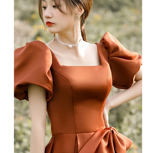 Vintage / Retro Brown Satin Prom Dresses 2022 A-Line / Princess Square Neckline Puffy Short Sleeve Backless Bow Floor-Length / Long Prom Formal Dresses