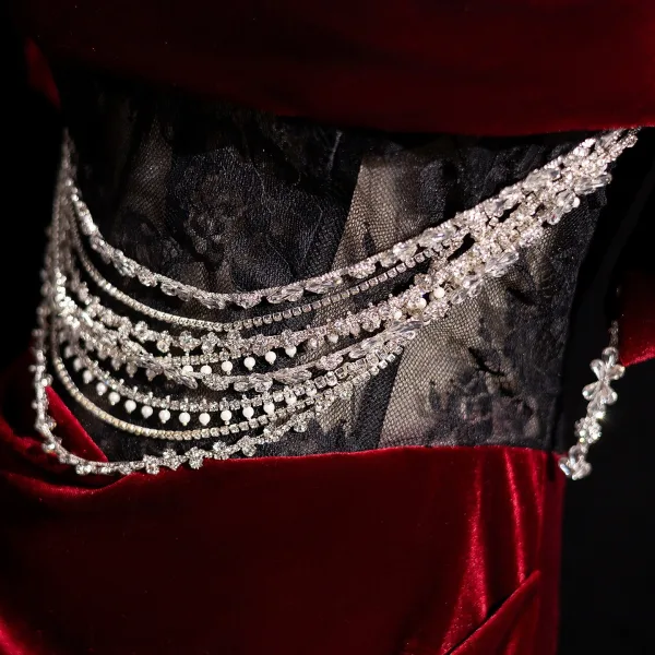 Classy Burgundy Rhinestone Velvet Evening Dresses 2025 Trumpet / Mermaid Off-The-Shoulder Short Sleeve Backless Sweep Train Evening Party Formal Dresses