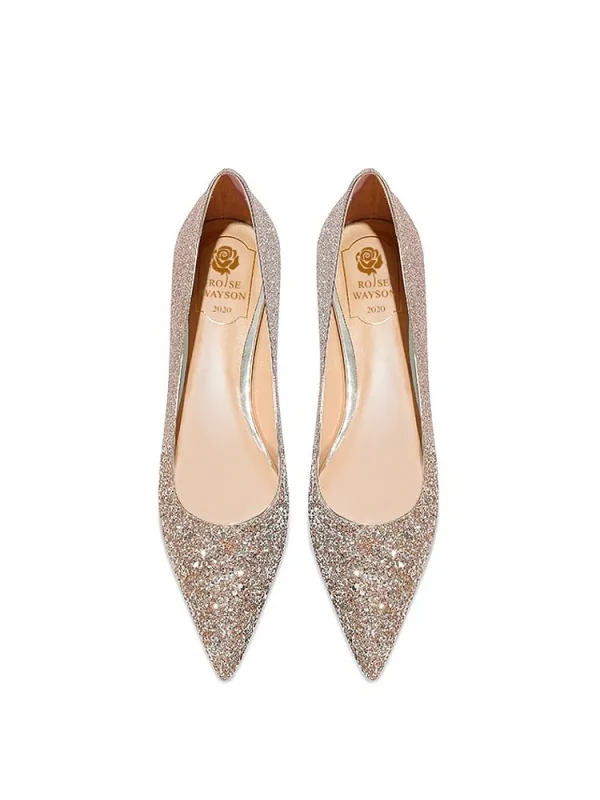 Glitter Champagne Pailletten Leer Platte Bruidsschoenen 2026 Spitse Neus Huwelijk Pumps