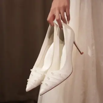 Elegante Witte Leer Parel Bruidsschoenen 2026 8 Cm Naaldhakken Stiletto Spitse Neus Huwelijk Pumps Hoge Hakken